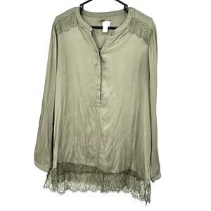 Chicos Size 2 M Tunic Green Lace Trim Blouse 1/2 Button Long Sleeve‎ Workwear